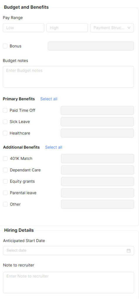 Budget and Benefits section of Job Request screen